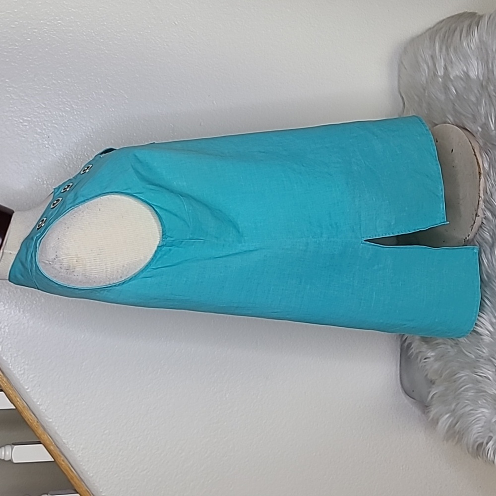 Top Size Large Turquoise Blue Linen Sleeveless Vacation Travel Casual Beach Cute - Picture 4 of 6